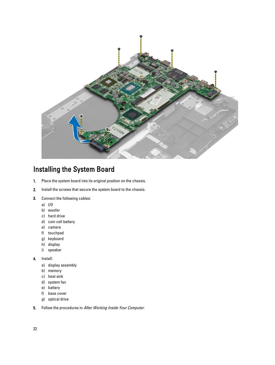 Installing the system board | Dell Vostro 5560 (Early 2013) User Manual | Page 22 / 43
