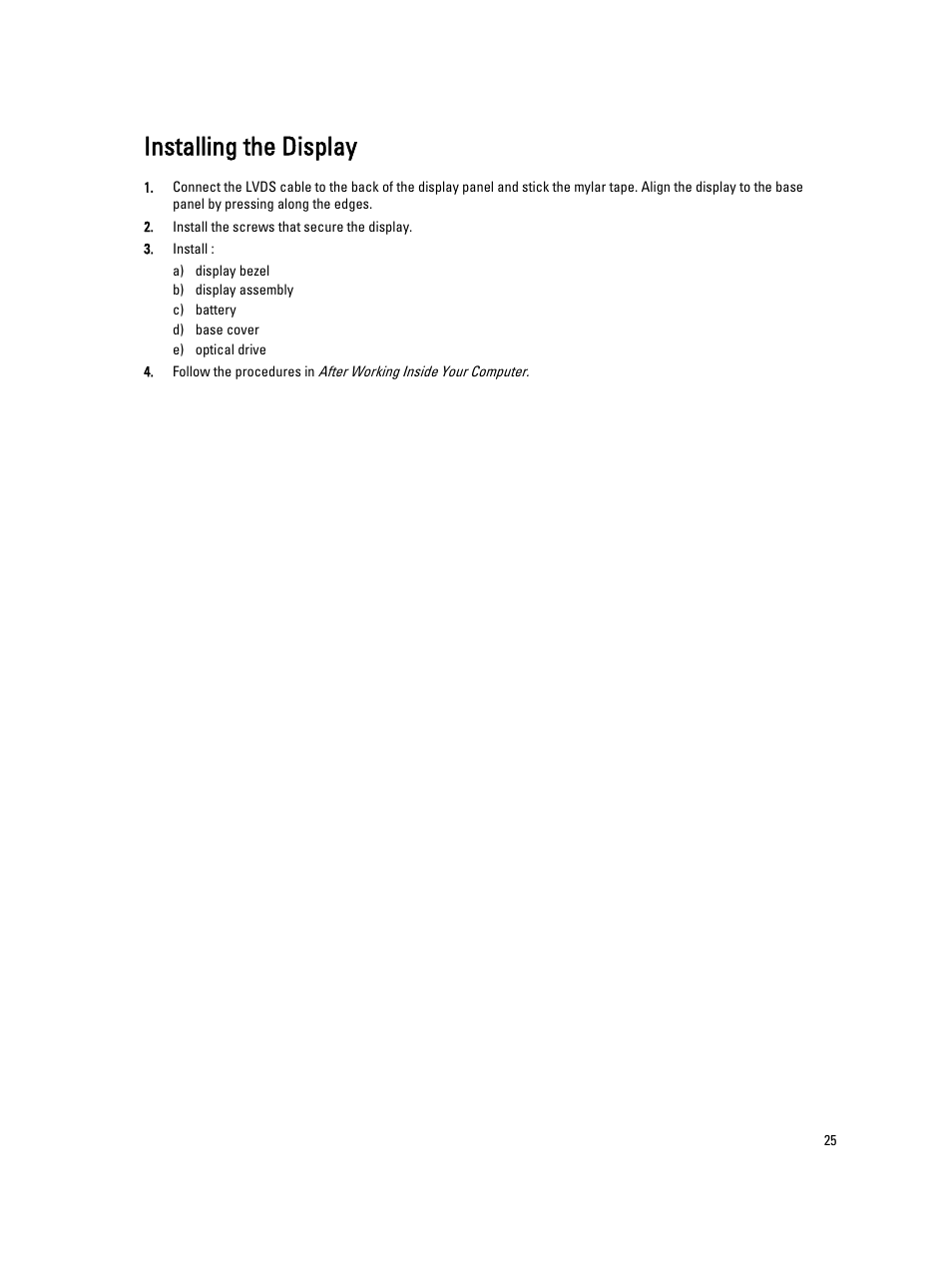 Installing the display | Dell Vostro 5560 (Early 2013) User Manual | Page 25 / 43