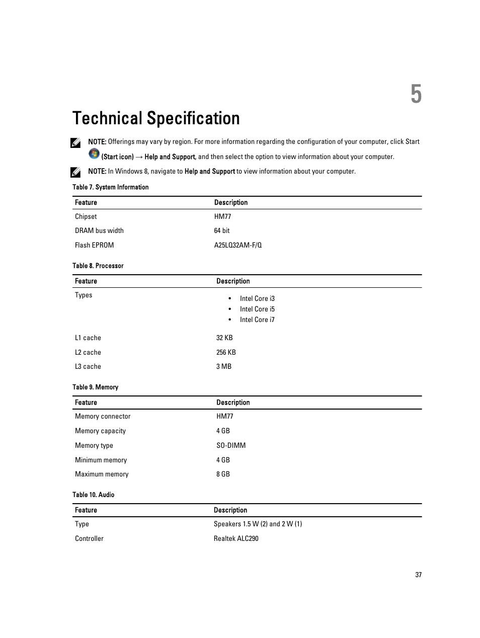 Technical specification, 5 technical specification | Dell Vostro 5560 (Early 2013) User Manual | Page 37 / 43