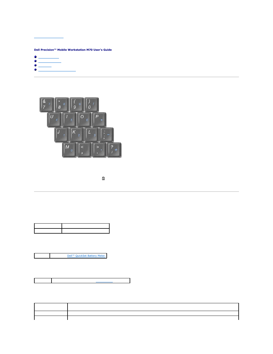 Using the keyboard and touch pad, Numeric keypad, Key combinations | System functions, Battery, Cd or dvd tray, Display functions | Dell Precision M70 User Manual | Page 61 / 118