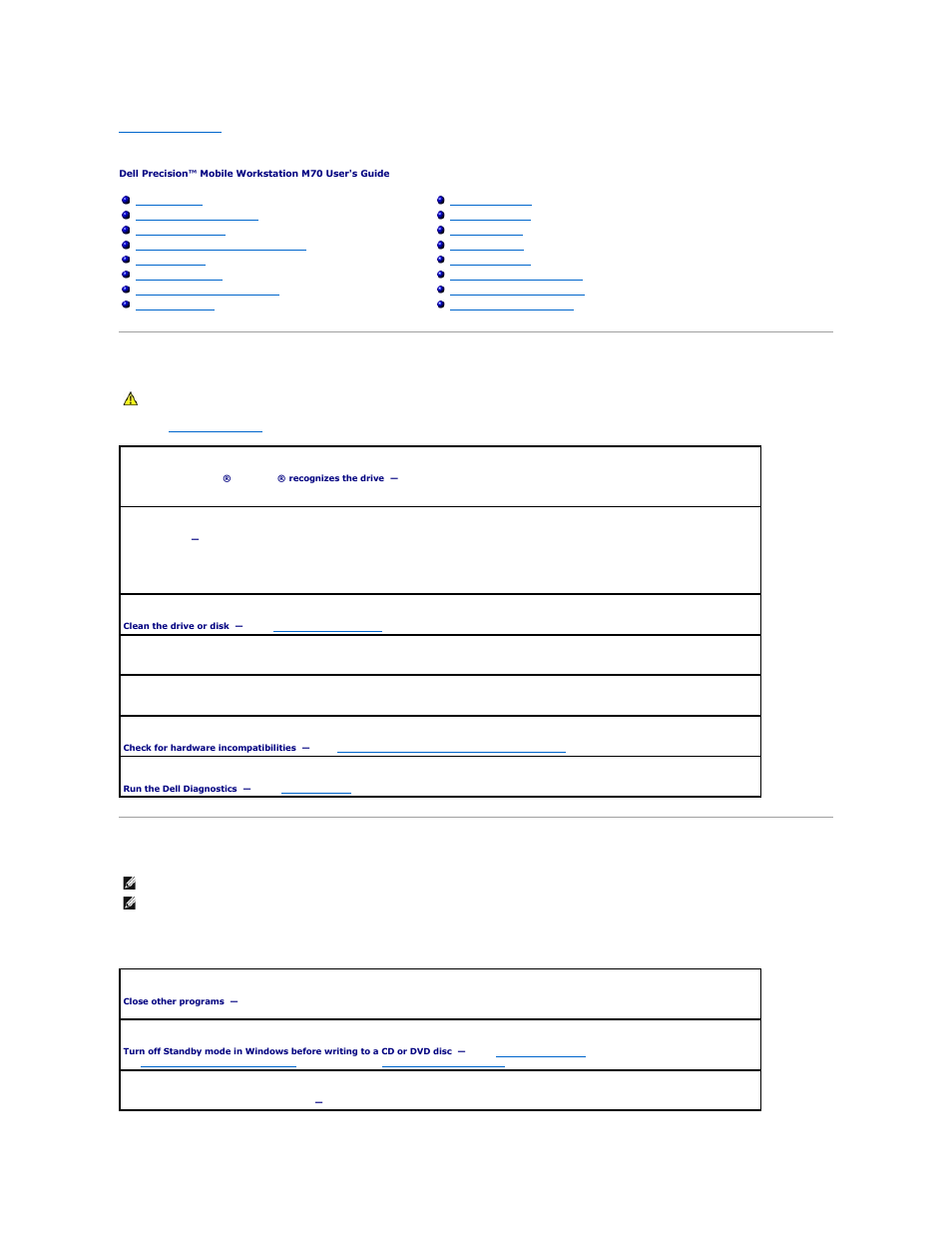 Solving problems, Drive problems, Cd and dvd drive problems | Problems writing to an optical drive | Dell Precision M70 User Manual | Page 75 / 118