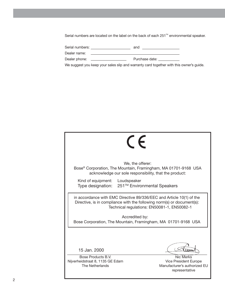 For your records | Bose 251 User Manual | Page 2 / 14