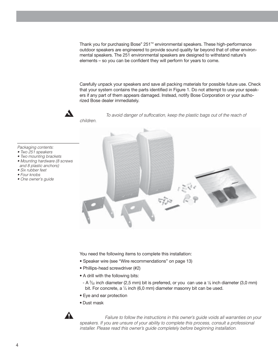 Before you begin, Unpacking the carton, Tools required | Setting up | Bose 251 User Manual | Page 4 / 14