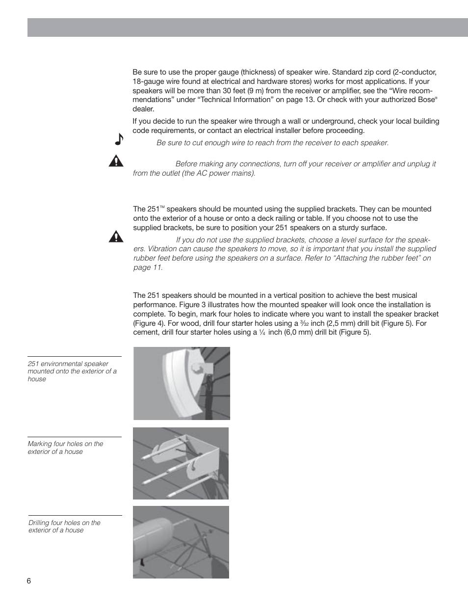 Installing the mounting brackets, Choosing the speaker wire, Installing your 251 | Speakers | Bose 251 User Manual | Page 6 / 14