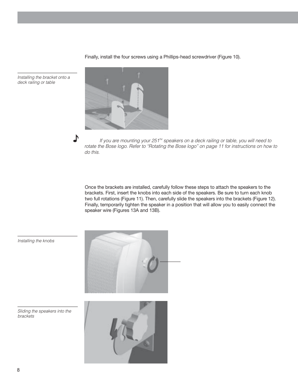 Attaching the speakers to the brackets, Installing the mounting brackets (cont.) | Bose 251 User Manual | Page 8 / 14