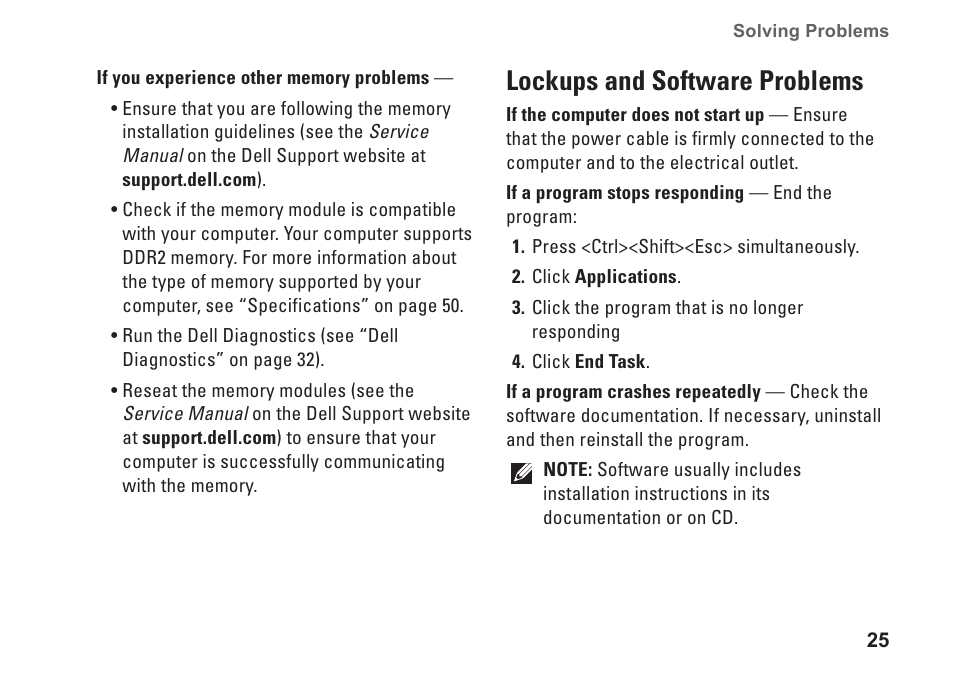 Lockups and software problems | Dell Inspiron 537 (Mid 2009) User Manual | Page 27 / 64