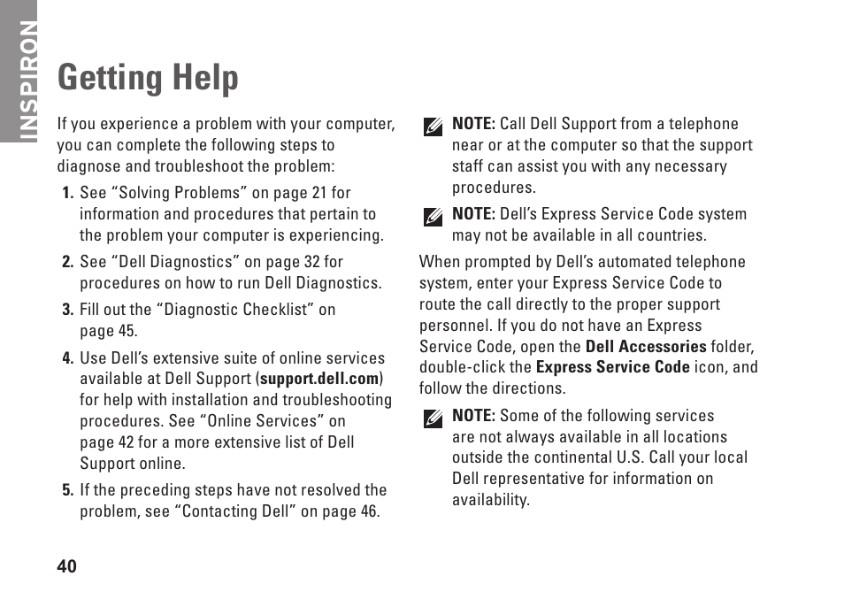 Getting help, Inspiron | Dell Inspiron 537 (Mid 2009) User Manual | Page 42 / 64
