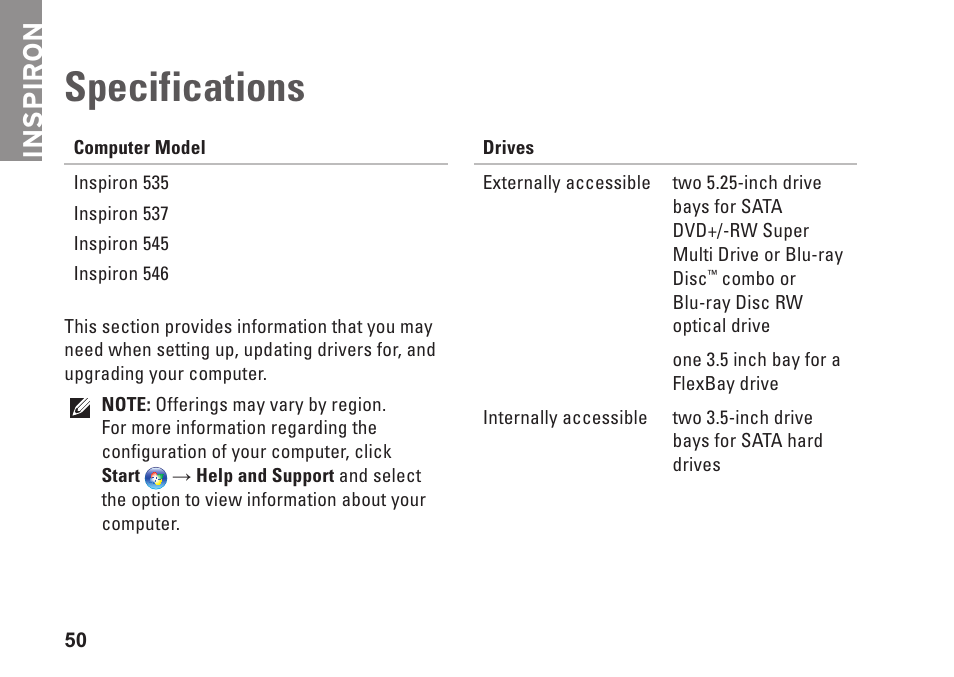 Specifications, Inspiron | Dell Inspiron 537 (Mid 2009) User Manual | Page 52 / 64