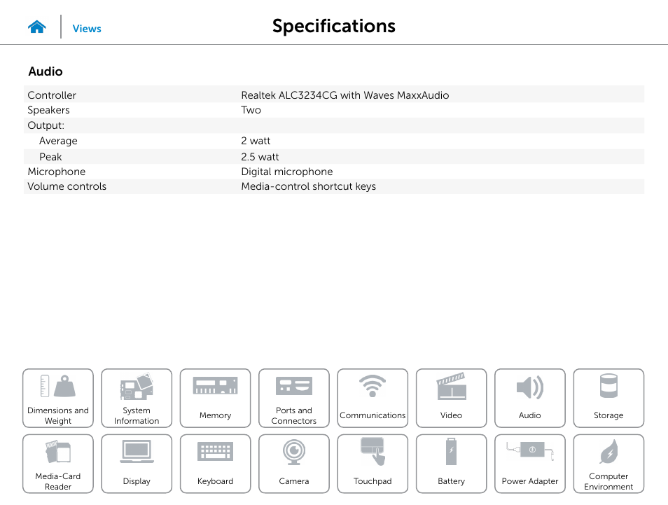 Audio, Specifications | Dell Inspiron 14 (5442, Mid 2014) User Manual | Page 13 / 22