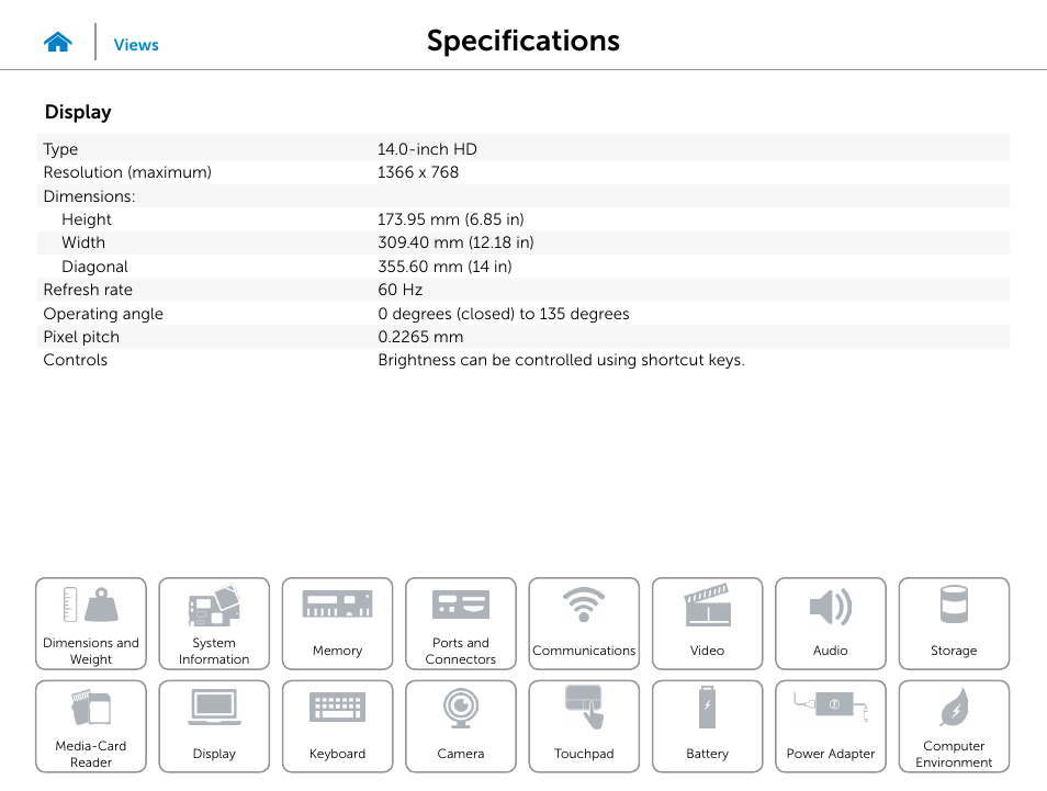 Display, Specifications | Dell Inspiron 14 (5442, Mid 2014) User Manual | Page 16 / 22