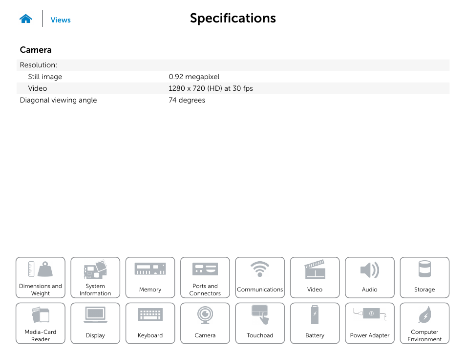 Camera, Specifications | Dell Inspiron 14 (5442, Mid 2014) User Manual | Page 18 / 22