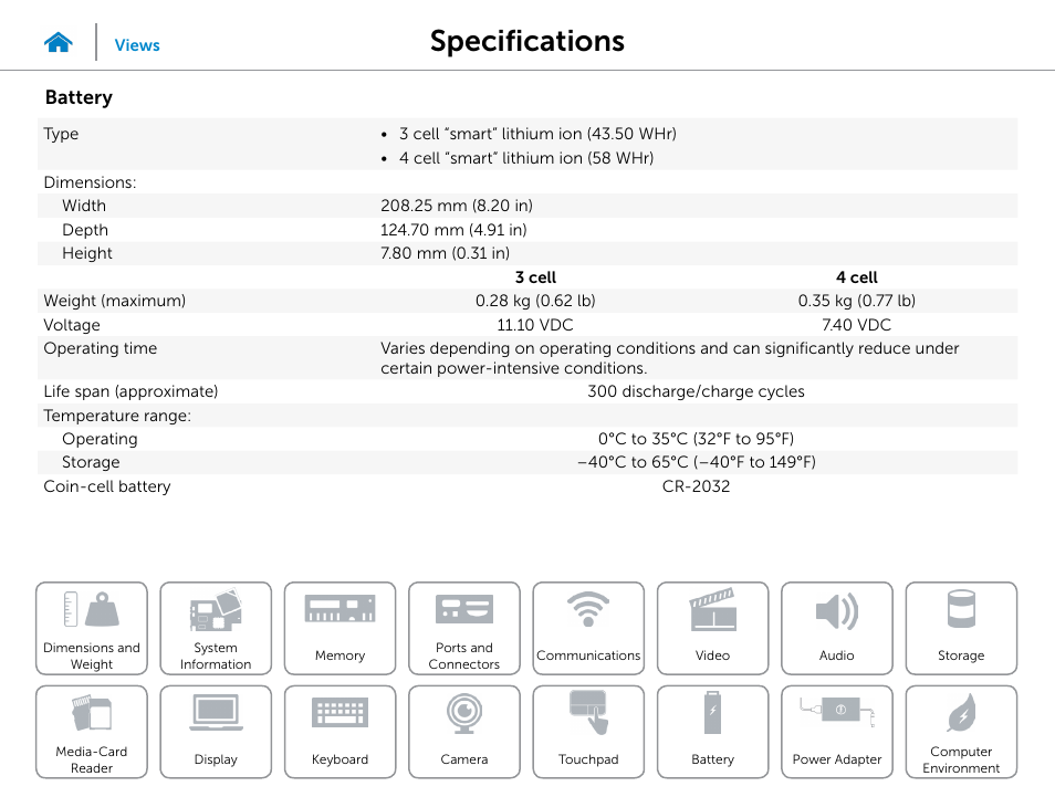 Battery, Specifications | Dell Inspiron 14 (5442, Mid 2014) User Manual | Page 20 / 22