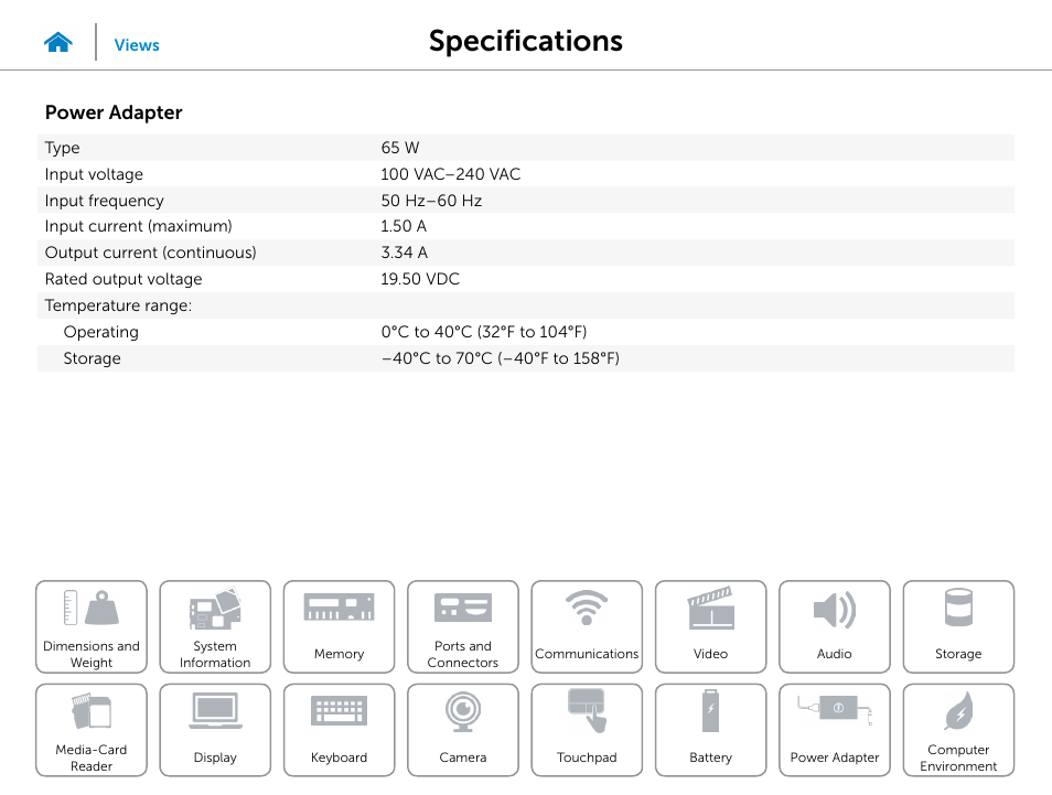 Power adapter, Specifications | Dell Inspiron 14 (5442, Mid 2014) User Manual | Page 21 / 22