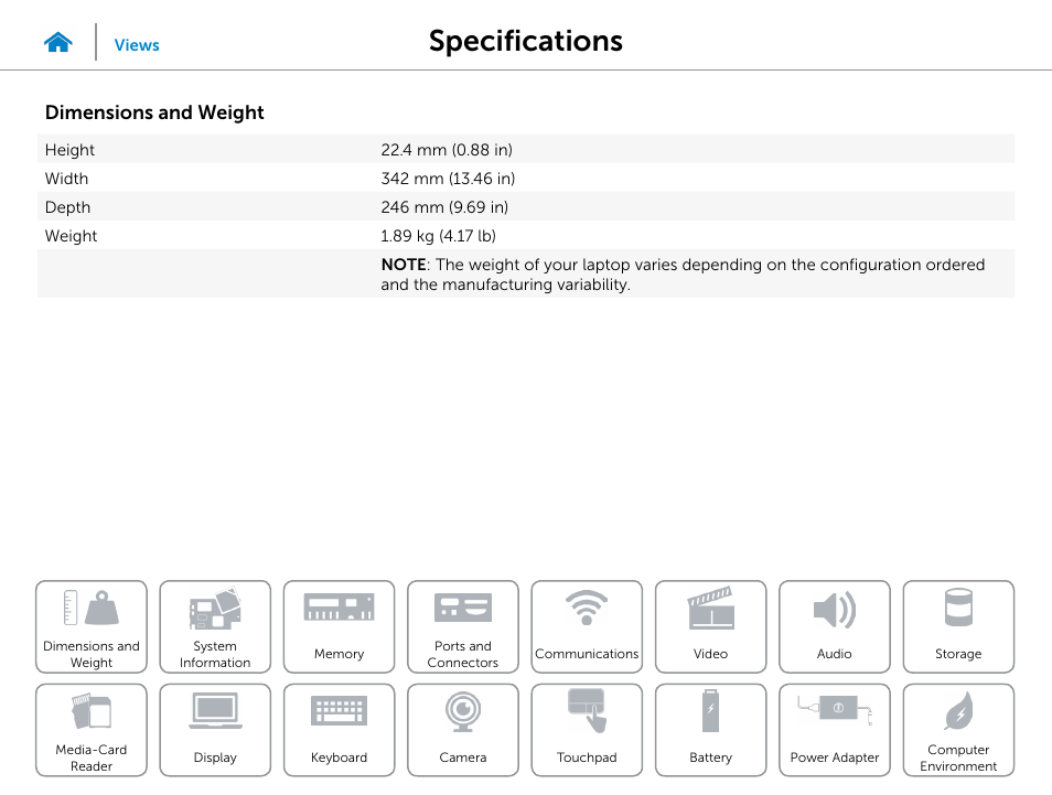 Specifications, Dimensions and weight | Dell Inspiron 14 (5442, Mid 2014) User Manual | Page 7 / 22
