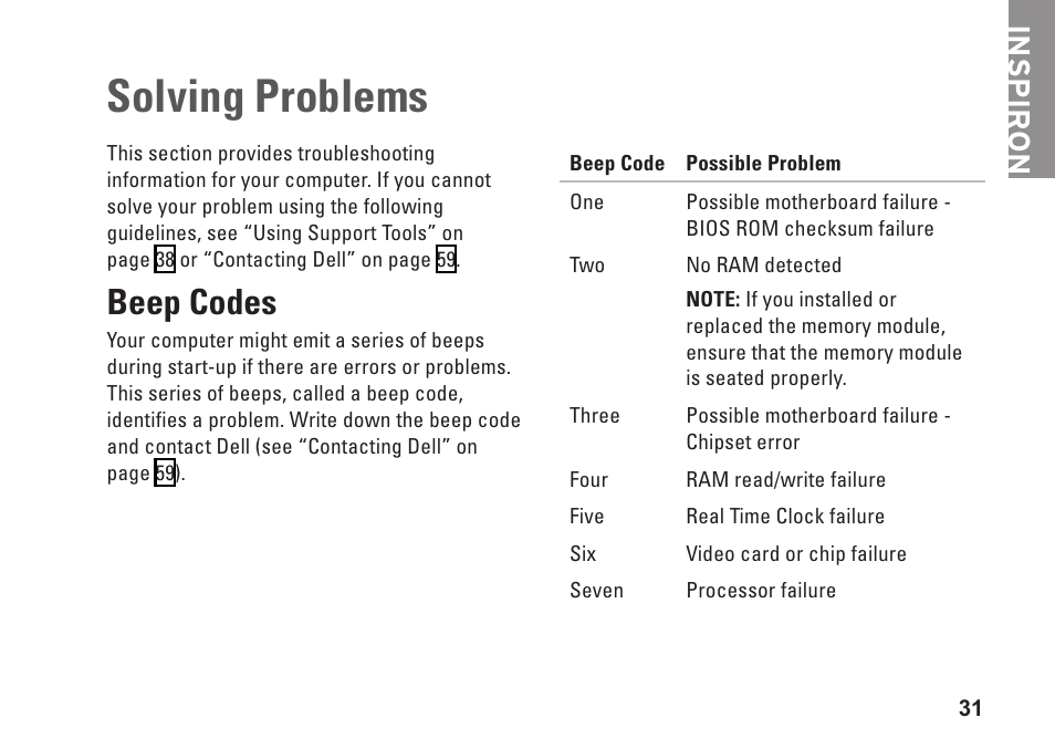 Solving problems, Beep codes, Inspiron | Dell Inspiron Zino (300, Late 2009) User Manual | Page 33 / 80