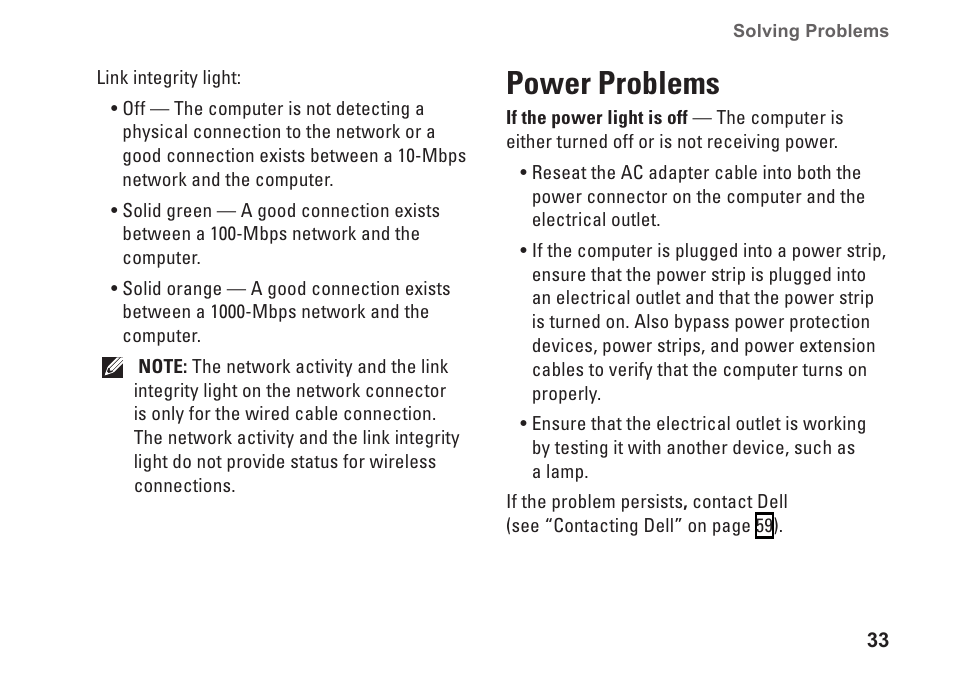 Power problems | Dell Inspiron Zino (300, Late 2009) User Manual | Page 35 / 80