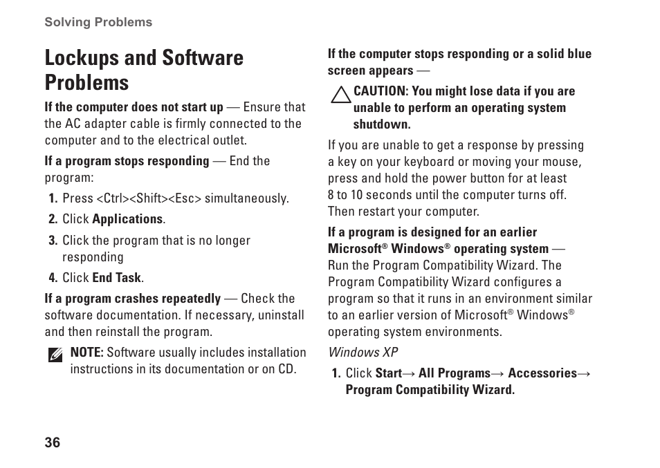 Lockups and software problems | Dell Inspiron Zino (300, Late 2009) User Manual | Page 38 / 80