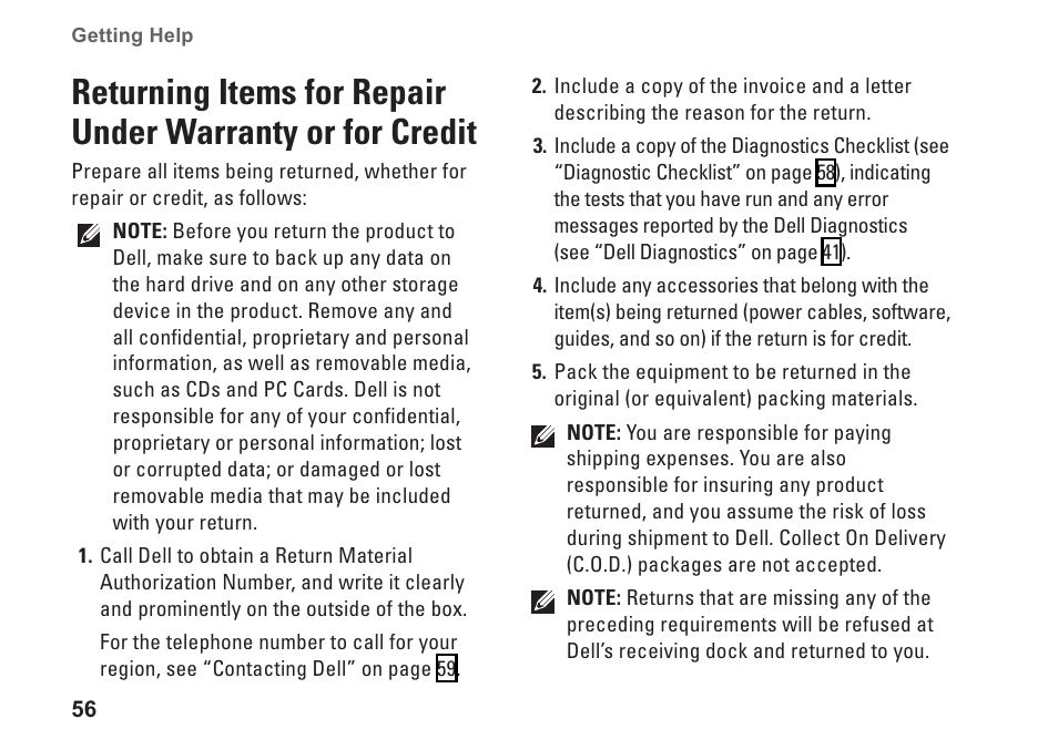 Returning items for repair under, Warranty or for credit | Dell Inspiron Zino (300, Late 2009) User Manual | Page 58 / 80