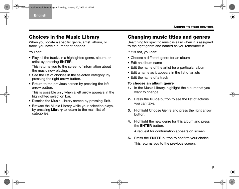 Choices in the music library, Changing music titles and genres | Bose uMusic AM320927 User Manual | Page 10 / 31