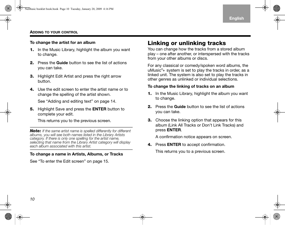 Linking or unlinking tracks | Bose uMusic AM320927 User Manual | Page 11 / 31