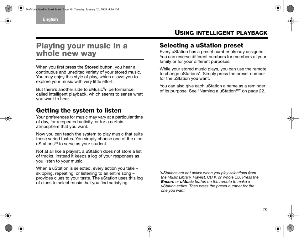 Sing, Intelligent, Playback | Playing your music in a whole new way, Getting the system to listen, Selecting a ustation preset | Bose uMusic AM320927 User Manual | Page 20 / 31