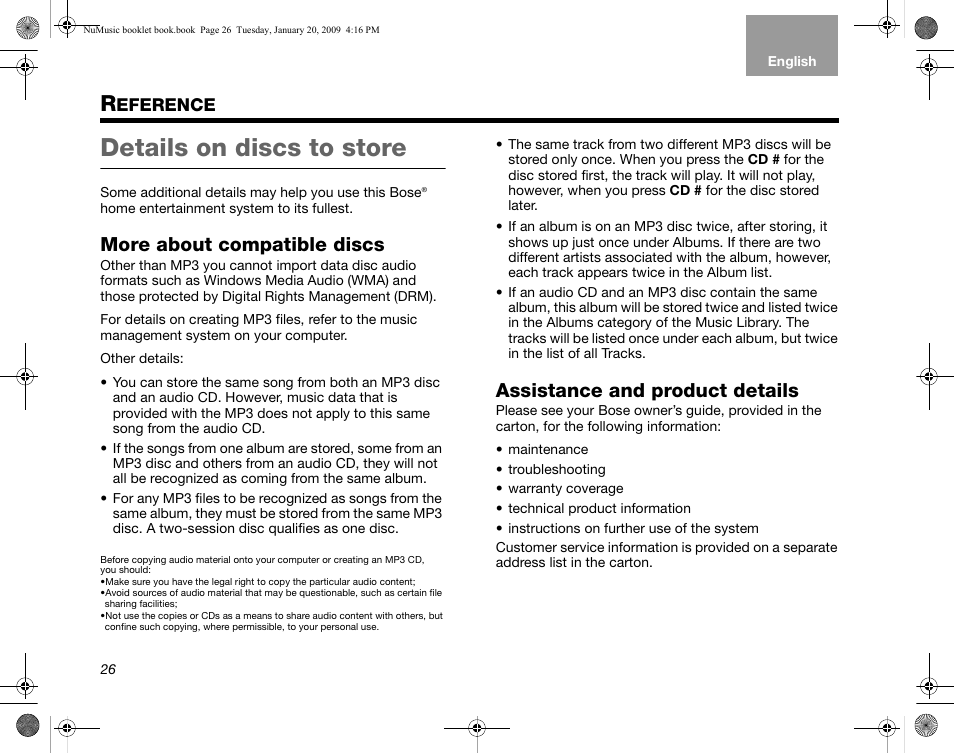 Eference, More about compatible discs, Assistance and product details | Urther, Opportunities, Details on discs to store | Bose uMusic AM320927 User Manual | Page 27 / 31