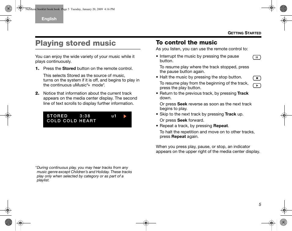 Playing stored music, To control the music | Bose uMusic AM320927 User Manual | Page 6 / 31