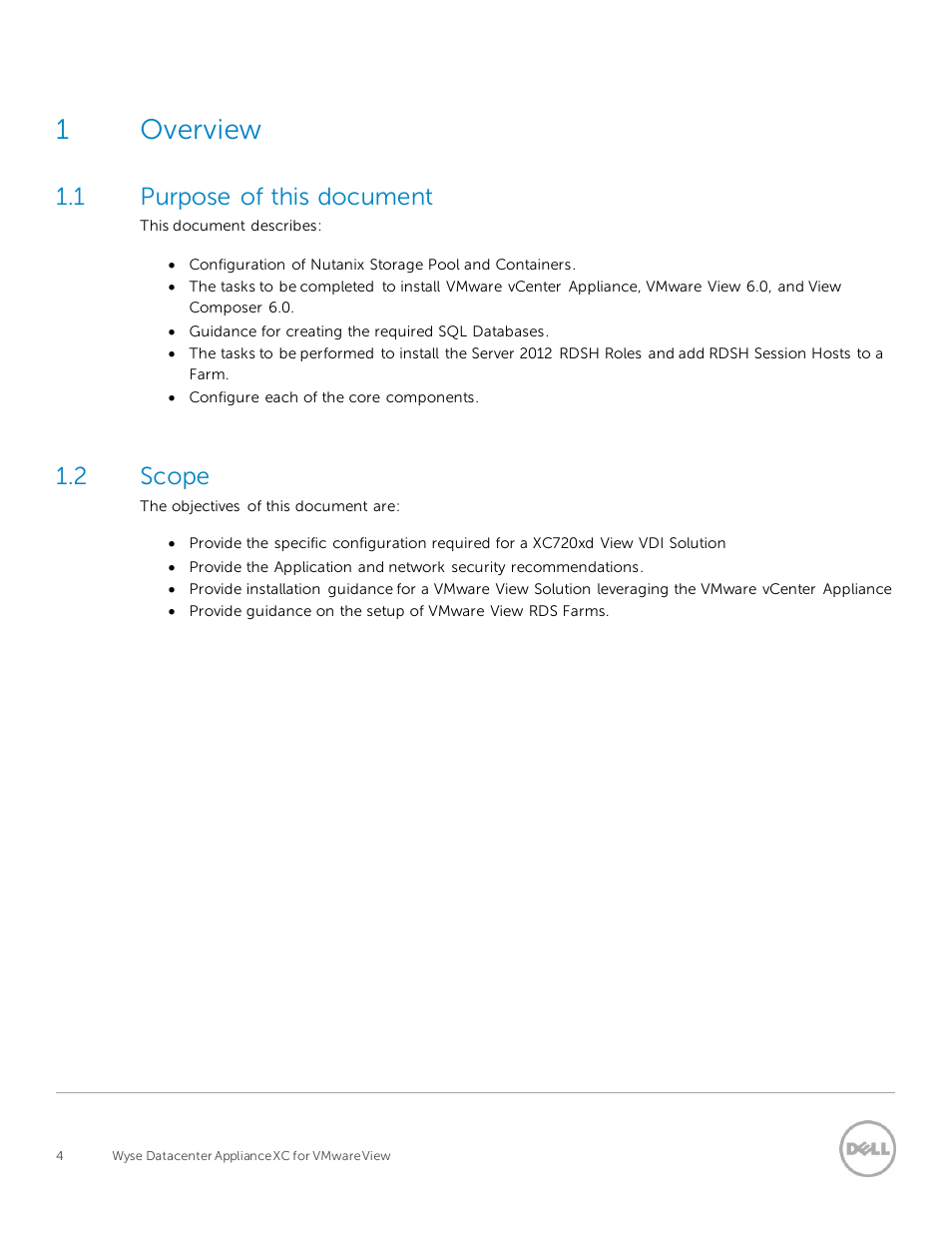 Overview, Purpose of this document, Scope | 1overview, 1 purpose of this document, 2 scope | Dell XC Web-Scale Converged Appliance User Manual | Page 4 / 94