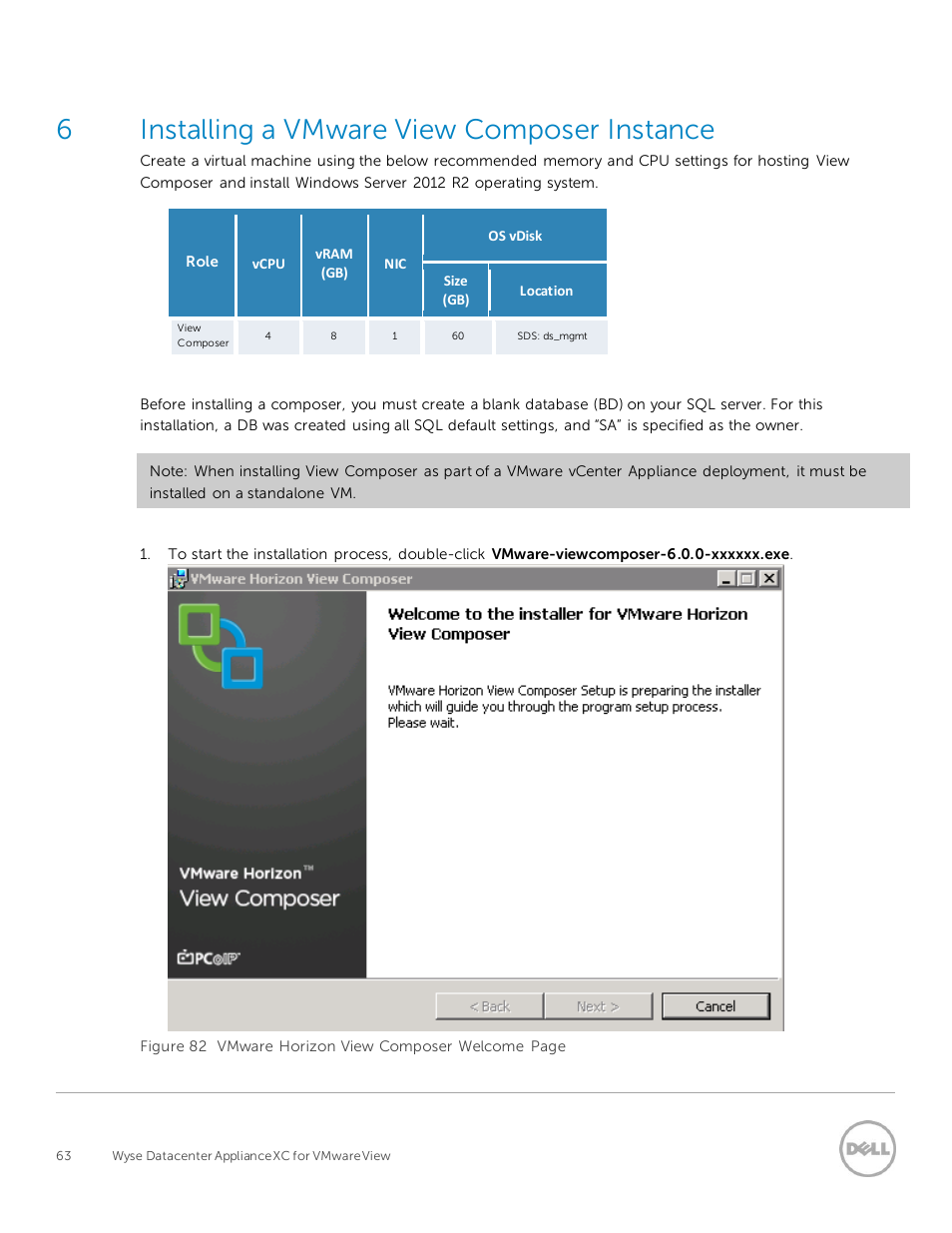 Installing a vmware view composer instance, 6installing a vmware view composer instance | Dell XC Web-Scale Converged Appliance User Manual | Page 63 / 94