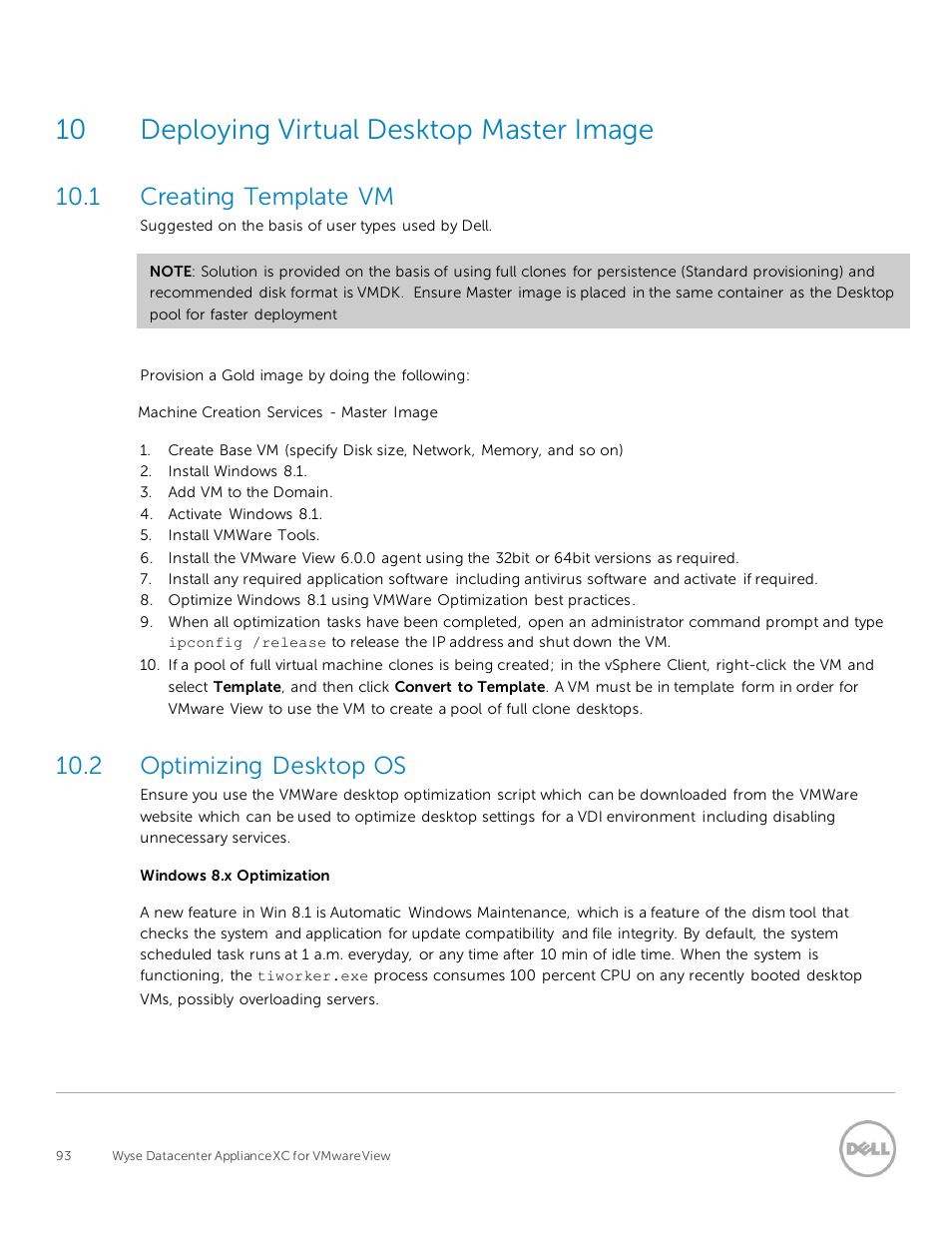 Deploying virtual desktop master image, Creating template vm, Optimizing desktop os | 10 deploying virtual desktop master image, 1 creating template vm, 2 optimizing desktop os | Dell XC Web-Scale Converged Appliance User Manual | Page 93 / 94