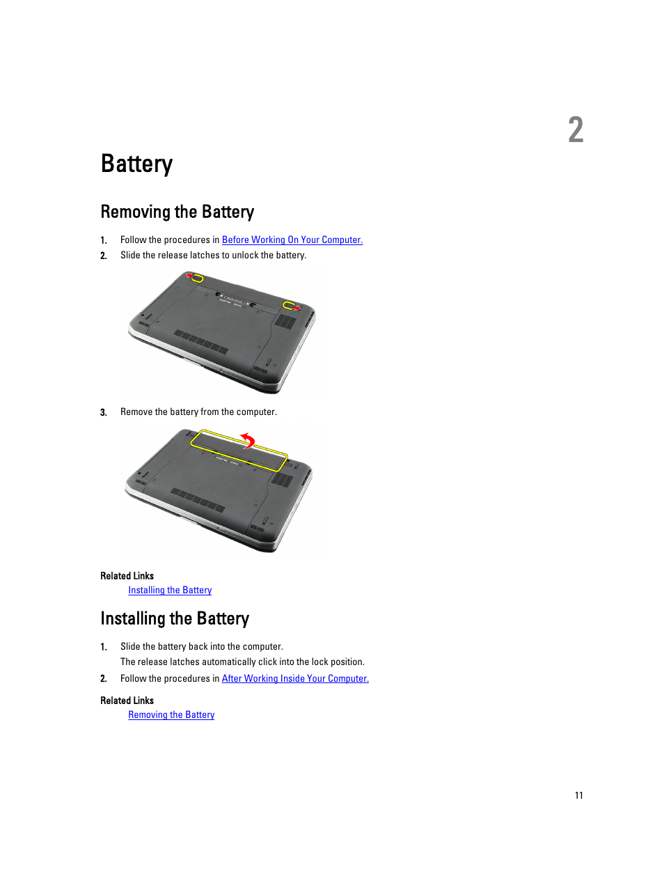 Battery, Removing the battery, Installing the battery | 2 battery | Dell Latitude E5420 (Early 2011) User Manual | Page 11 / 159