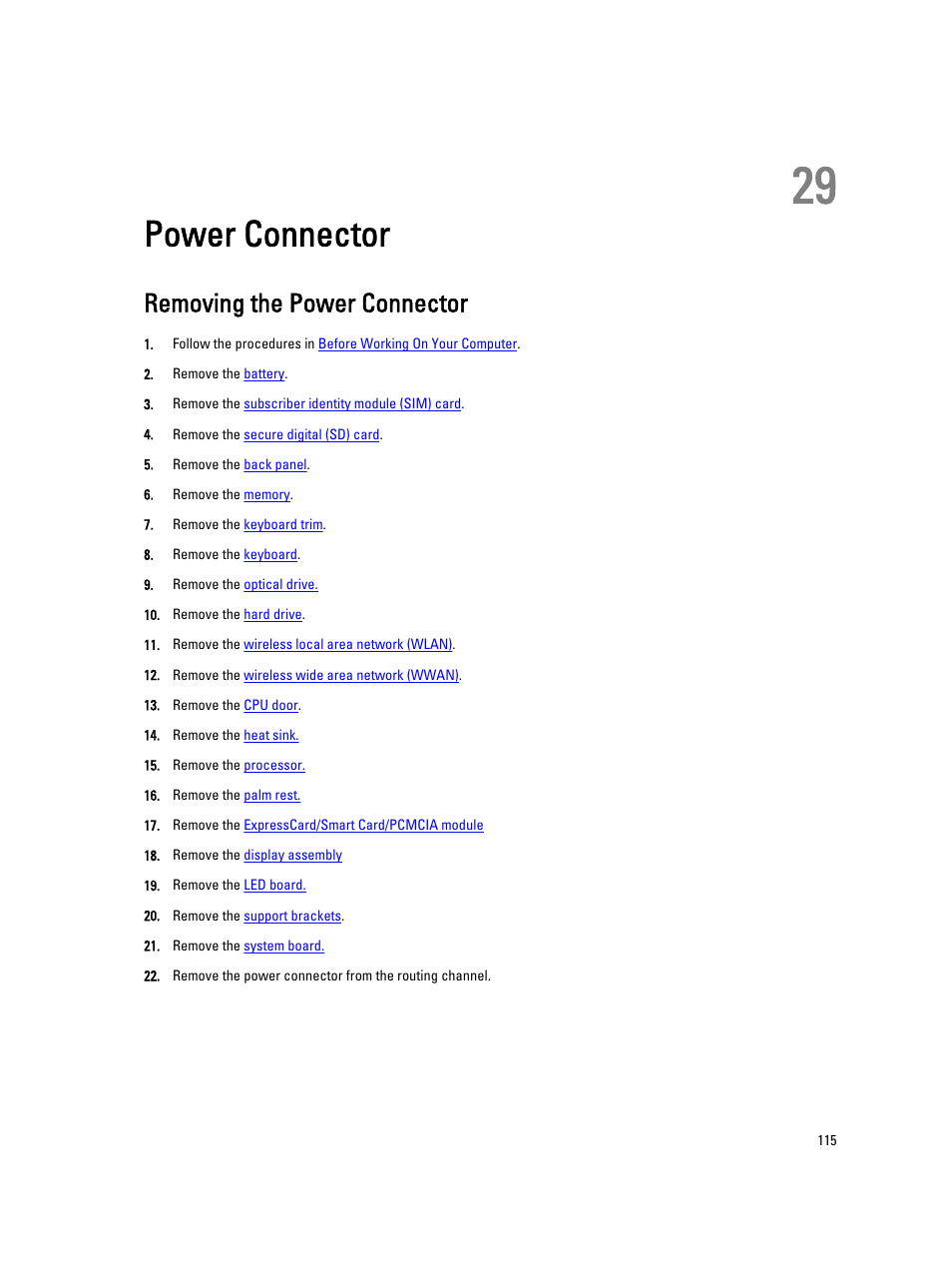 Power connector, Removing the power connector, 29 power connector | Dell Latitude E5420 (Early 2011) User Manual | Page 115 / 159
