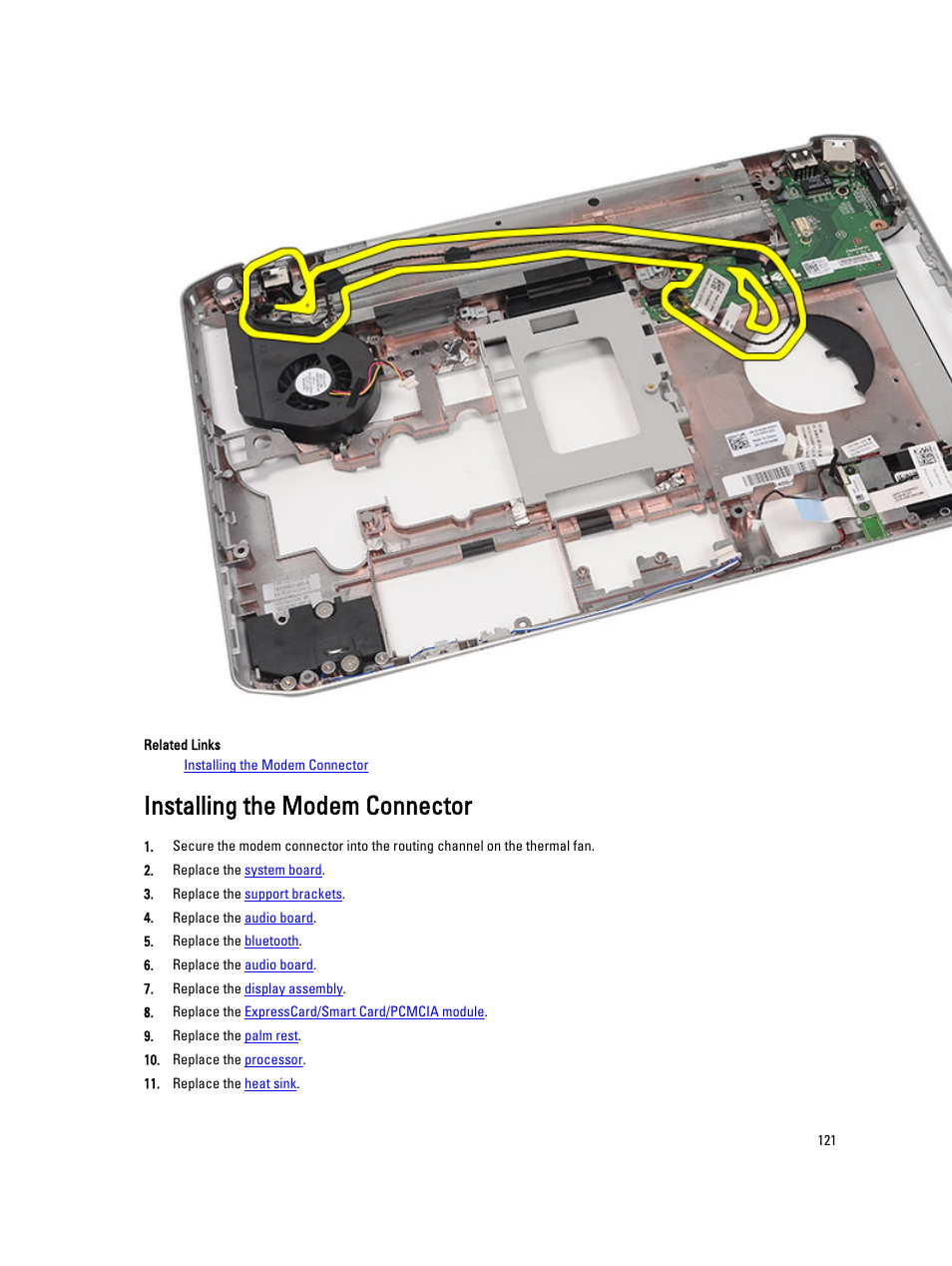 Installing the modem connector | Dell Latitude E5420 (Early 2011) User Manual | Page 121 / 159