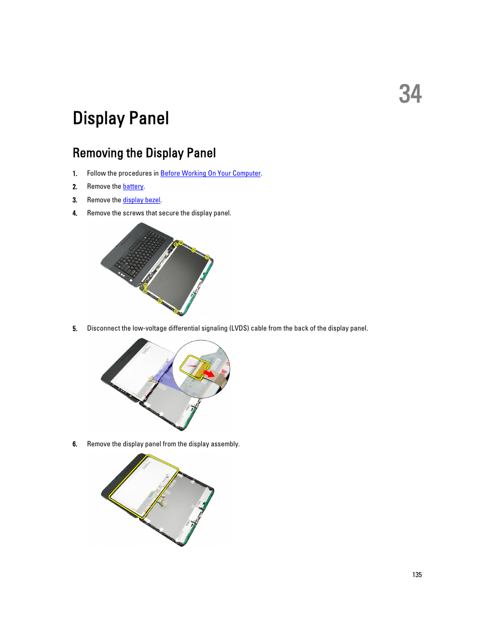 Display panel, Removing the display panel, 34 display panel | Dell Latitude E5420 (Early 2011) User Manual | Page 135 / 159