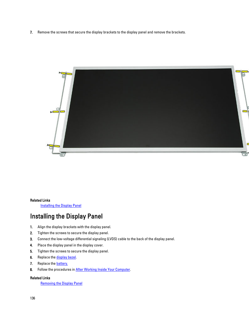 Installing the display panel | Dell Latitude E5420 (Early 2011) User Manual | Page 136 / 159