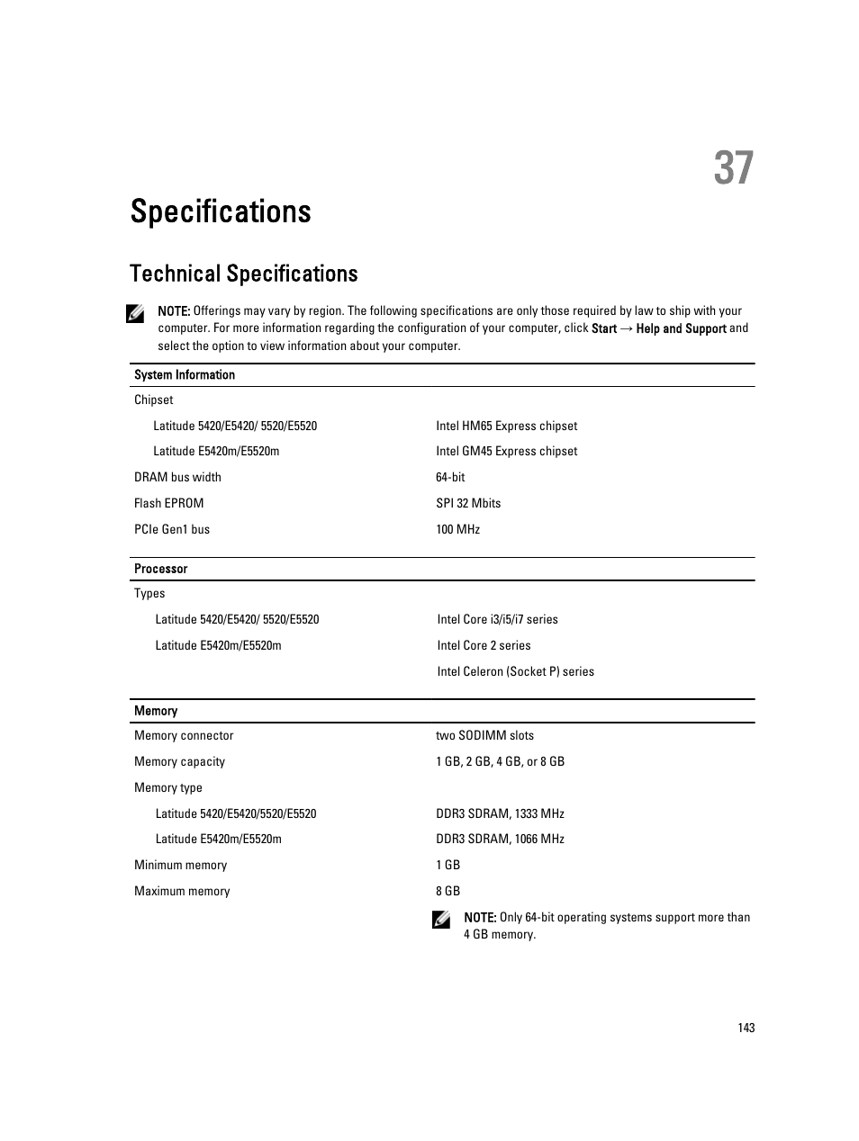 Specifications, Technical specifications, 37 specifications | Dell Latitude E5420 (Early 2011) User Manual | Page 143 / 159