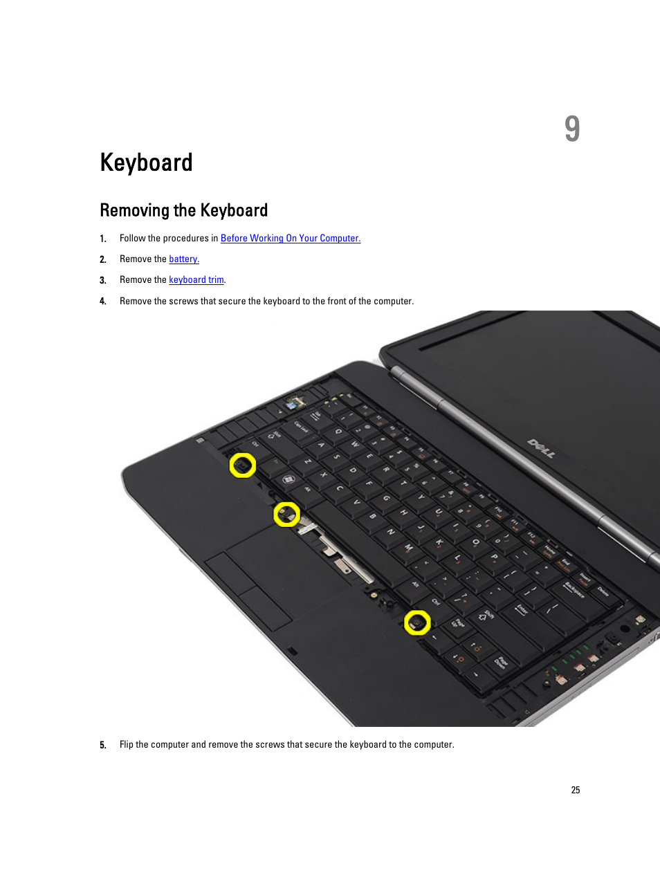 Keyboard, Removing the keyboard, 9 keyboard | Dell Latitude E5420 (Early 2011) User Manual | Page 25 / 159