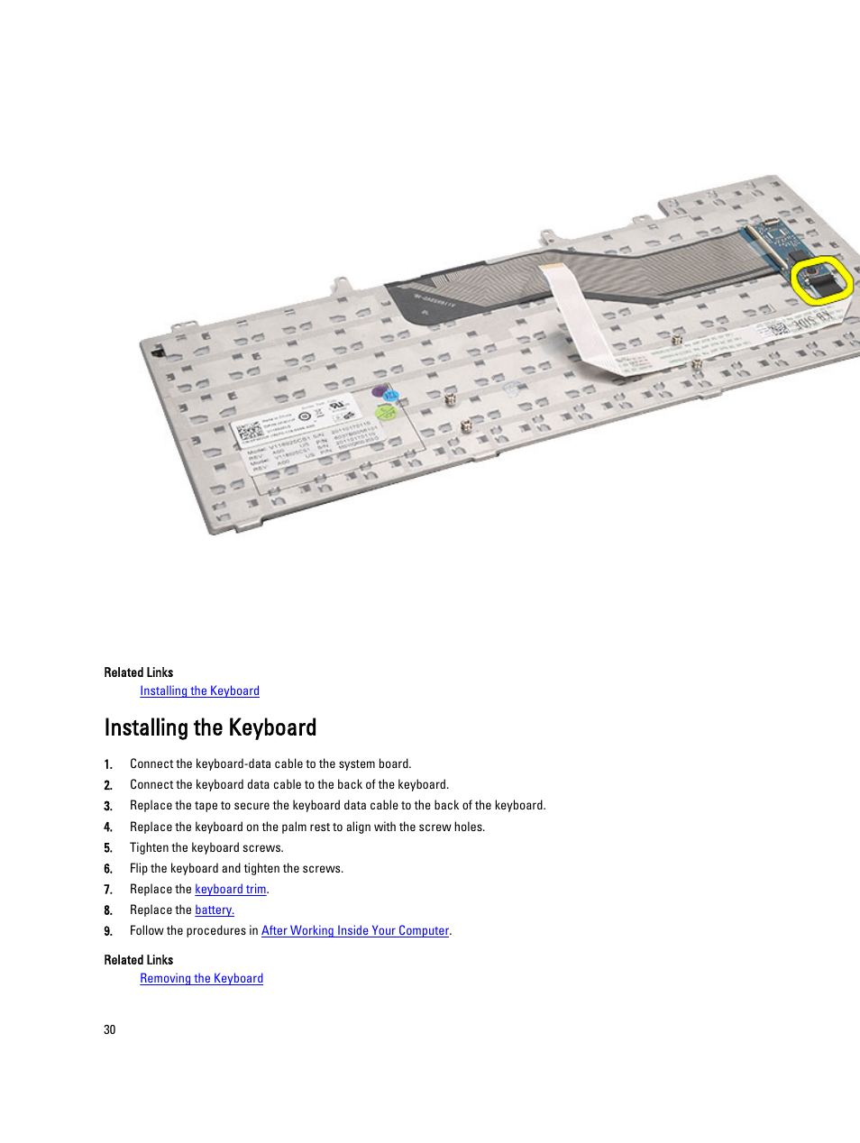 Installing the keyboard | Dell Latitude E5420 (Early 2011) User Manual | Page 30 / 159