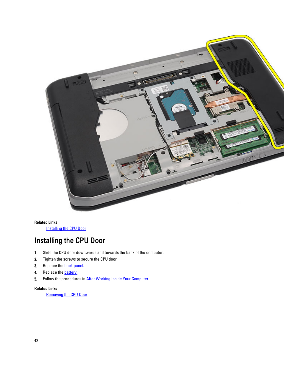 Installing the cpu door | Dell Latitude E5420 (Early 2011) User Manual | Page 42 / 159