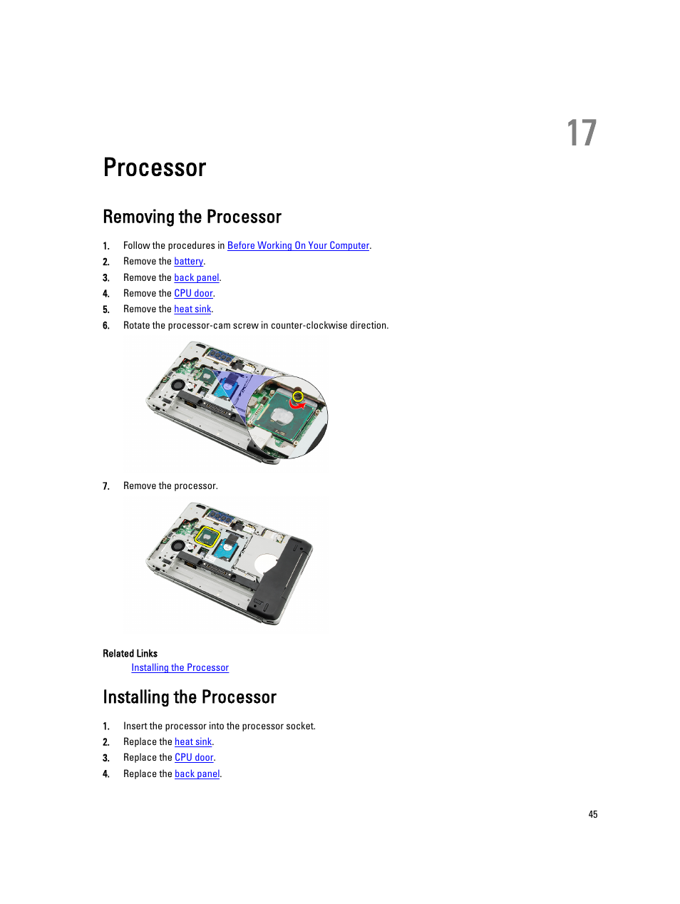 Processor, Removing the processor, Installing the processor | 17 processor | Dell Latitude E5420 (Early 2011) User Manual | Page 45 / 159
