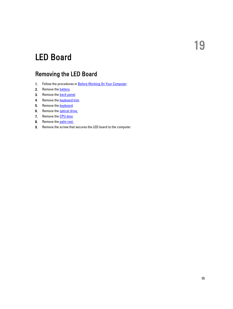 Led board, Removing the led board, 19 led board | Dell Latitude E5420 (Early 2011) User Manual | Page 55 / 159