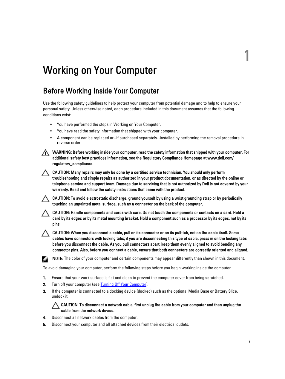 Working on your computer, Before working inside your computer, 1 working on your computer | Dell Latitude E5420 (Early 2011) User Manual | Page 7 / 159