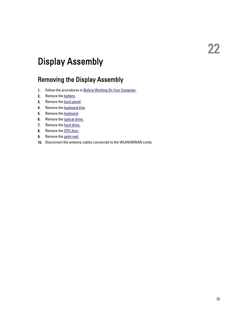 Display assembly, Removing the display assembly, 22 display assembly | Dell Latitude E5420 (Early 2011) User Manual | Page 73 / 159
