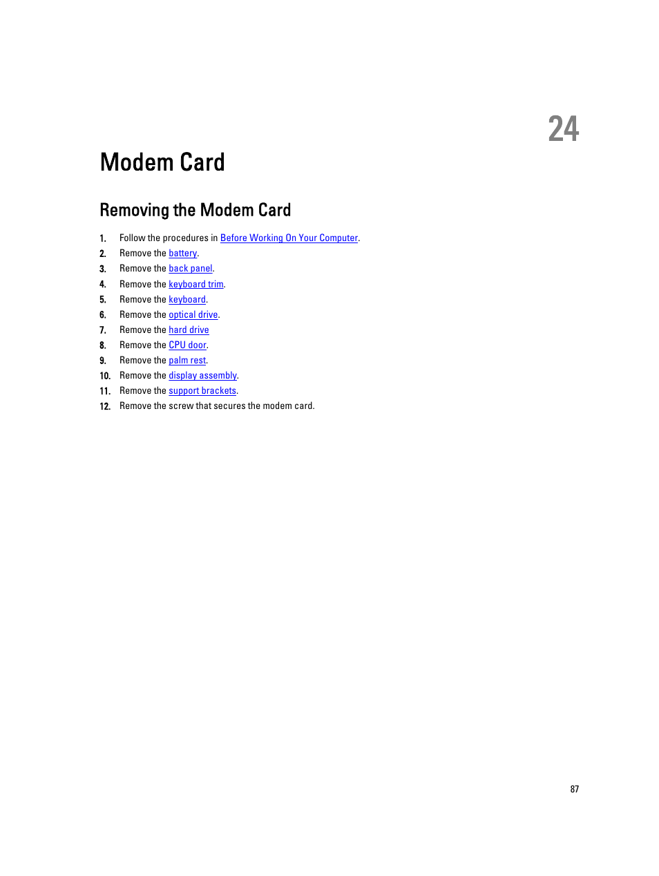Modem card, Removing the modem card, 24 modem card | Dell Latitude E5420 (Early 2011) User Manual | Page 87 / 159