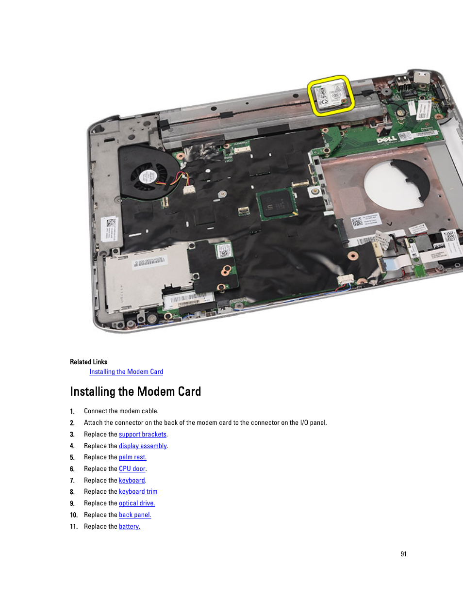 Installing the modem card | Dell Latitude E5420 (Early 2011) User Manual | Page 91 / 159