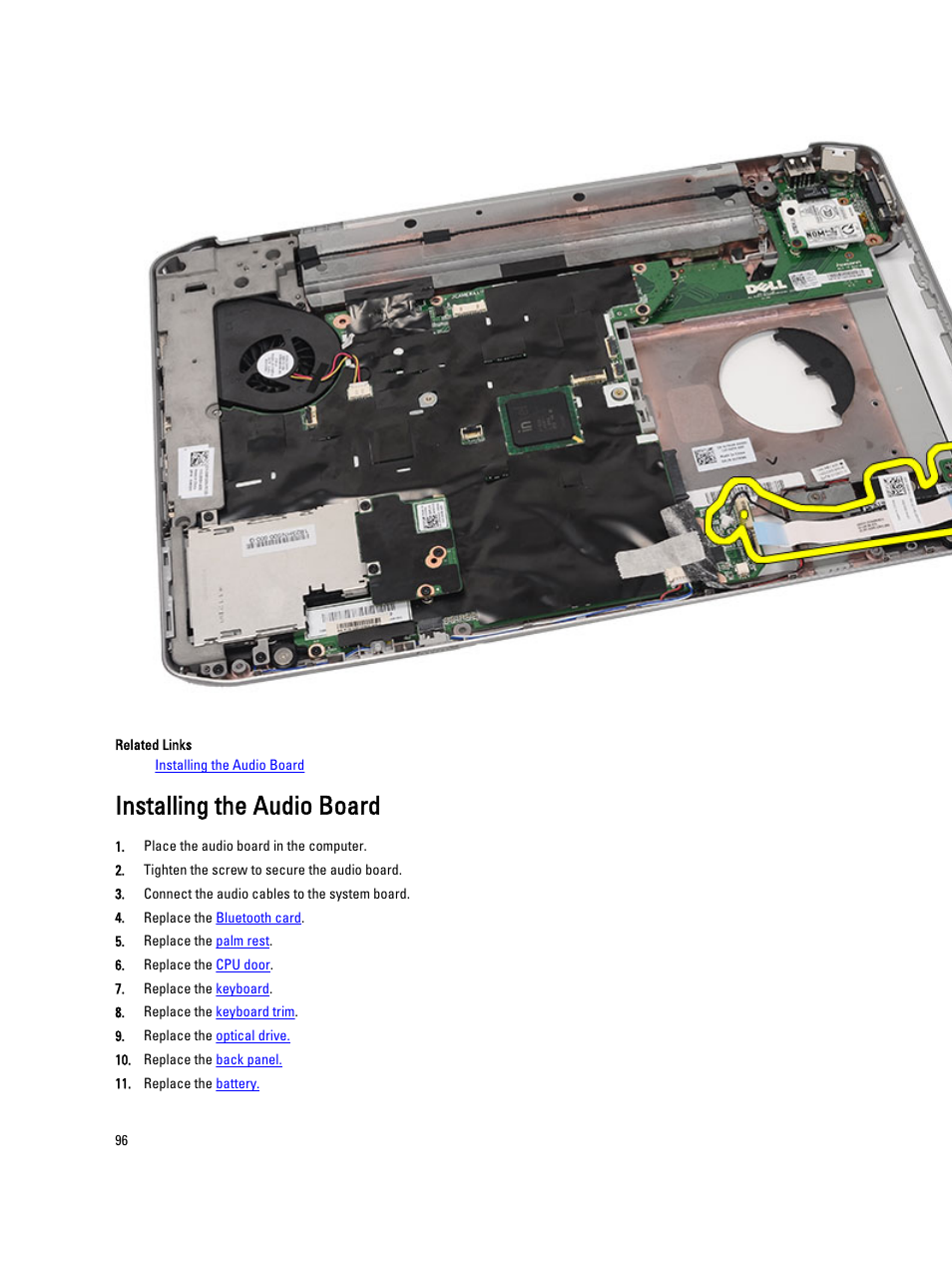 Installing the audio board | Dell Latitude E5420 (Early 2011) User Manual | Page 96 / 159