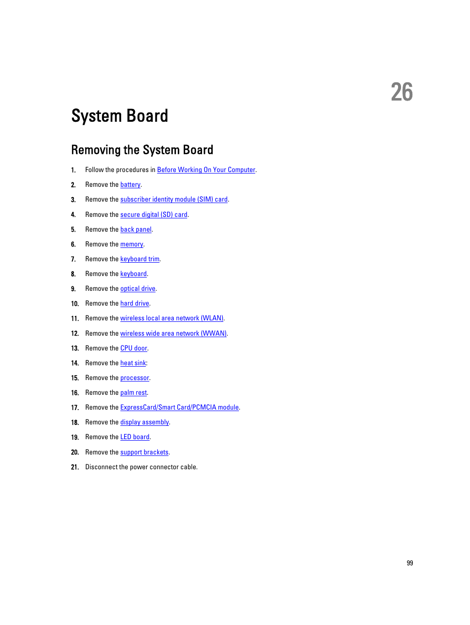 System board, Removing the system board, 26 system board | Dell Latitude E5420 (Early 2011) User Manual | Page 99 / 159