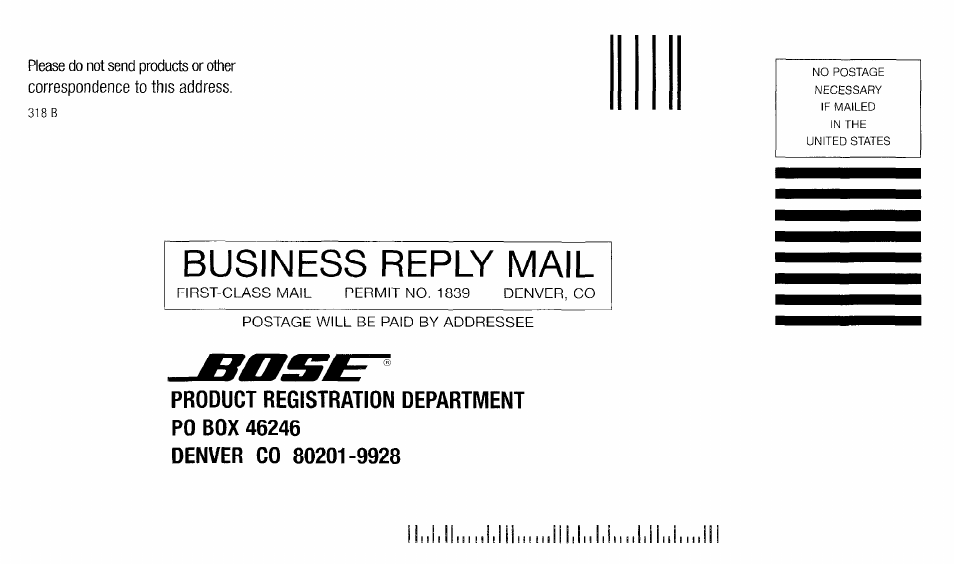 Business reply mail | Bose 161TM User Manual | Page 13 / 19