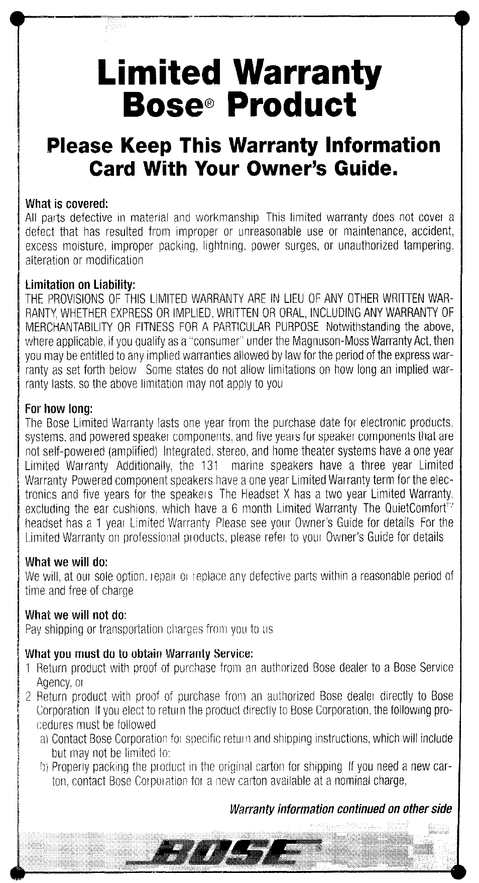 Limited warranty bose® product | Bose 161TM User Manual | Page 18 / 19