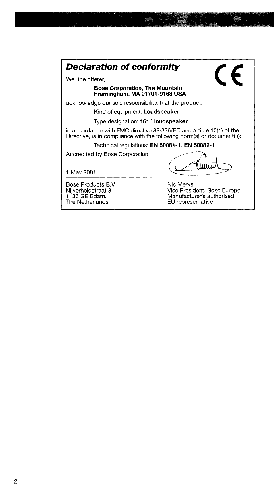 Declaration of conformity | Bose 161TM User Manual | Page 2 / 19